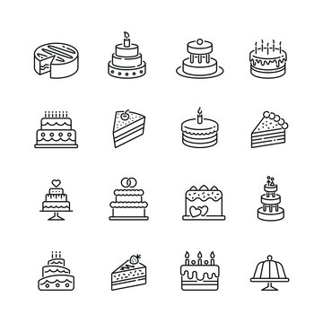 Cakes related icons: thin vector icon set, black and white kit