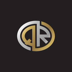 Initial letter QR, looping line, ellipse shape logo, silver gold color on black background