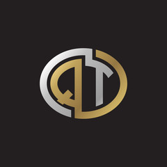 Initial letter QT, looping line, ellipse shape logo, silver gold color on black background