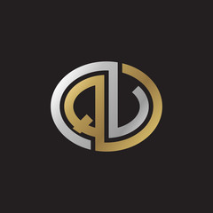 Initial letter QV, QU, looping line, ellipse shape logo, silver gold color on black background