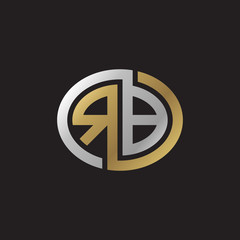 Initial letter RB, looping line, ellipse shape logo, silver gold color on black background