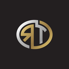 Initial letter RT, looping line, ellipse shape logo, silver gold color on black background