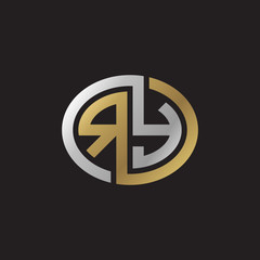 Initial letter RY, looping line, ellipse shape logo, silver gold color on black background