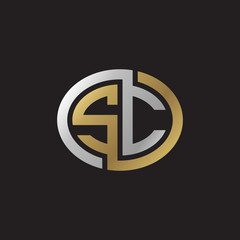 Initial letter SC, looping line, ellipse shape logo, silver gold color on black background