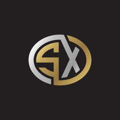Initial letter SX, looping line, ellipse shape logo, silver gold color on black background