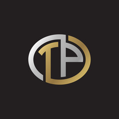 Initial letter TP, looping line, ellipse shape logo, silver gold color on black background
