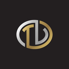 Initial letter TV, TU, looping line, ellipse shape logo, silver gold color on black background