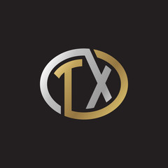 Initial letter TX, looping line, ellipse shape logo, silver gold color on black background