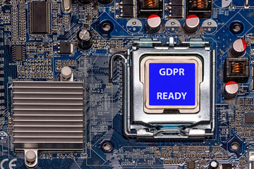 Fototapeta premium Close-up CPU with label GDPR READY on computer mother board