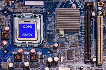 Close-up CPU with label GDPR READY on computer mother board