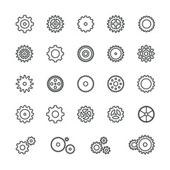 Gear icons: thin vector icon set, black and white kit