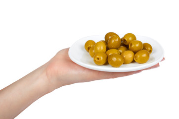 Organic olive berry on plate with hand isolated on white background