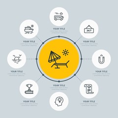 Circle network chart hotel, education, travel infographic template with 8 options for presentations, advertising, annual reports.