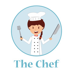 Cute cartoon of little chef cooking at kitchen.