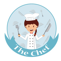 Cute cartoon of little chef cooking at kitchen.