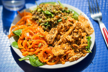 Cajun chicken with spinach, spiralled carrot salad with pumpkin seeds and bean edamame, couscous salad 