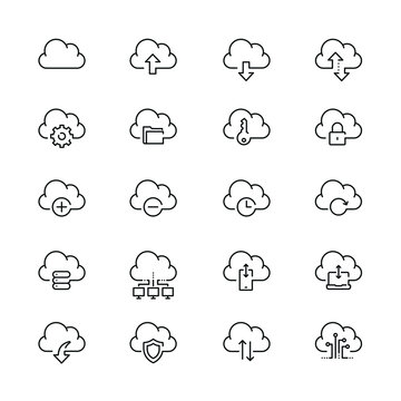 Computer cloud related icons: thin vector icon set, black and white kit