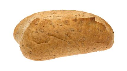 Small whole wheat bread loaf isolated on a white background.