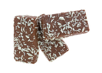 Chocolate wafer with coconut flakes cookies isolated on a white background.