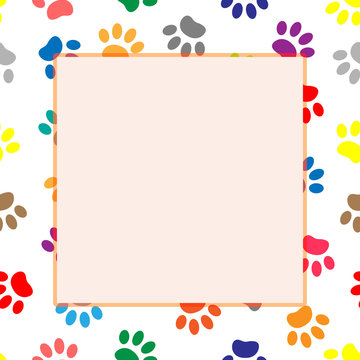 Colorful dog or cat paw prints frame border with empty space for your image or text.