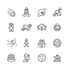 Space and astronomy related icons: thin vector icon set, black and white kit © Mykola