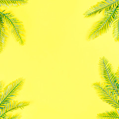 Fototapeta na wymiar Summer holiday background. Tropical plant leaves on yellow background. Flat lay