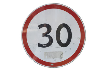 Road sign 'Speed limit 30 km/h' isolated on white.