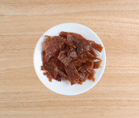 Pieces of turkey jerky on white plate atop a wood table.