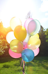 A bunch of multicolor, air, gel balls. The concept of a happy birthday in the summer and a wedding party for the newlyweds.