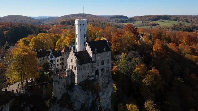 Flight around Lichtenstein Castle in the Swabian Jura, Baden-Wurttemberg, Germany.