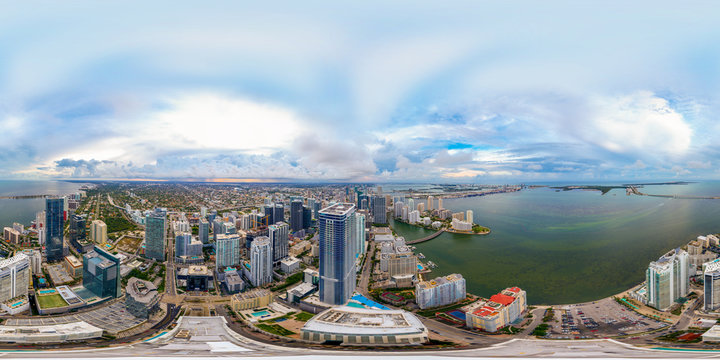 Aerial spherical panorama of Downtown Miami Brickell and bay