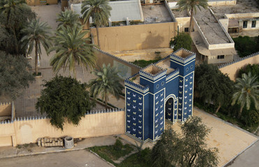 Aerial view of the replica of the Ishtar gate at the entrance of Babylon, Iraq.