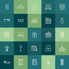Modern Simple Set of buildings, furniture, housekeeping Vector outline Icons. Contains such Icons as  architecture,  towel,  city,  office and more on green background. Fully Editable. Pixel Perfect.