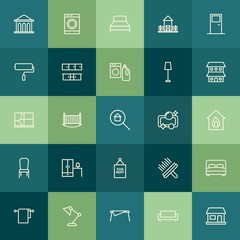 Modern Simple Set of buildings, furniture, housekeeping Vector outline Icons. Contains such Icons as  textile,  couch,  light,  crib,  farm and more on green background. Fully Editable. Pixel Perfect.