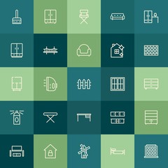 Modern Simple Set of buildings, furniture, housekeeping Vector outline Icons. Contains such Icons as  couch, background, mill,  modern, hot and more on green background. Fully Editable. Pixel Perfect.