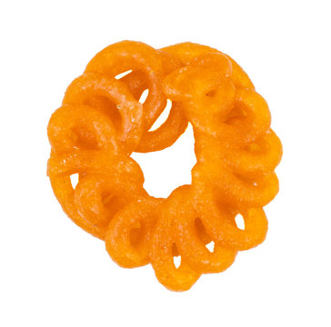 Indian Sweet Food Imarti Also Know as Amriti, Omriti, Jahangir, Jalebi, Jaangiri. It is Mde by Deep-Frying Vigna Mungo Flour Batter in a Kind of Circular Flower Shape. isolated on white Background
