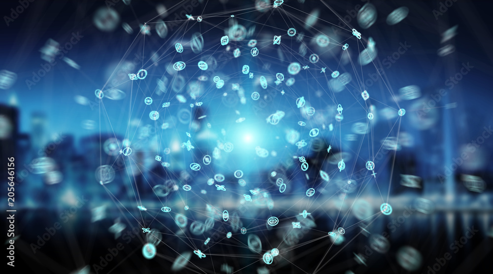 Poster Connections system sphere and datas exchanges 3D rendering