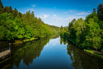 Fototapeta premium Spiegelung der Wolken und Bäume im Fluss im Bayerischen Wald