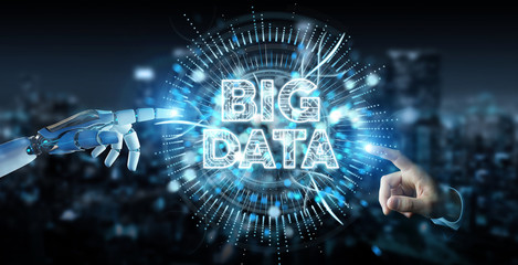 White humanoid hand using Big Data digital hologram 3D rendering