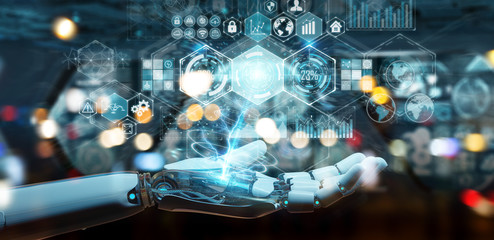 White cyborg hand using digital datas interface 3D rendering