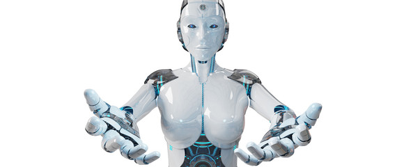 White woman cyborg opening her two hands 3D rendering