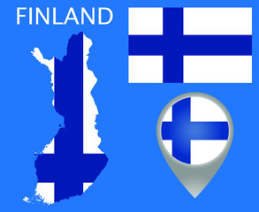 Colorful flag, map pointer and map of Finland in the colors of the Finnish flag. High detail. Vector illustration