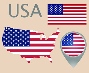 Colorful flag, map pointer and map of the USA in the colors of the USA flag. High detail. Vector illustration