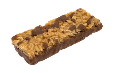 Chocolate with nuts granola bar isolated on a white background.