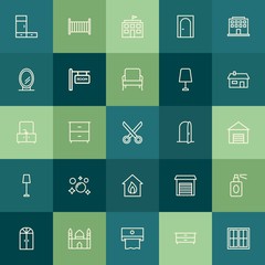 Modern Simple Set of buildings, furniture, housekeeping Vector outline Icons. Contains such Icons as  architecture,  child, office, napkin and more on green background. Fully Editable. Pixel Perfect.