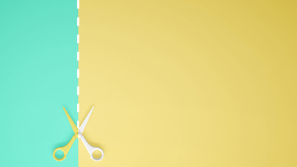 Scissors with cut lines on pastel turquoise and yellow colored background with copy space, template mockup concept idea