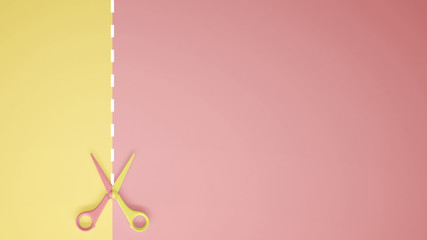 Scissors with cut lines on pastel yellow and pink colored background with copy space, template mockup concept idea
