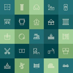 Modern Simple Set of buildings, furniture, housekeeping Vector outline Icons. Contains such Icons as  wind,  baby, napkin,  faith, mill and more on green background. Fully Editable. Pixel Perfect.