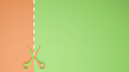 Scissors with cut lines on pastel orange and green colored background with copy space, template mockup concept idea