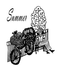 Fototapeta premium drawing of a cute young girl in a hat with a bicycle with a basket, crouched on a bench by the fence to relax, sketch, hand-drawn graphic vintage vector illustration